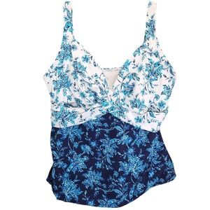 Lands' End Underwire‎ Tankini Swim Top Size 16 Blue Floral Twist Front